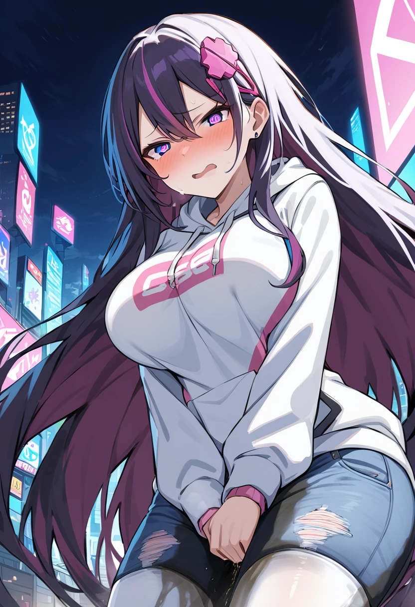 (masterpiece:1.37), best quality, (extremely detailed:1.37), woman, adult, mature, large breasts, (very long hair:1.5), dark purple hair, purple eyes, (extremely detailed eyes:1.37), white hoodie, multicolored hoodie, light blue hoodie, futuristic hoodie, jeans, (desperation:2.0), (wetting: self 3.0), standing, embarrassed, humiliation, blushing, angry, city, futuristic, neon lighting, high-tech
