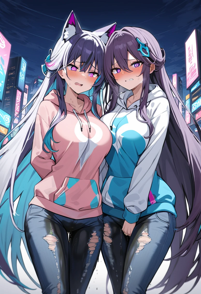 (masterpiece:1.37), best quality, (extremely detailed:1.37), woman, adult, mature, large breasts, (very long hair:1.5), dark purple hair, purple eyes, (extremely detailed eyes:1.37), white hoodie, multicolored hoodie, light blue hoodie, futuristic hoodie, jeans, (desperation:2.0), (wetting: self 3.0), standing, embarrassed, humiliation, blushing, angry, city, futuristic, neon lighting, high-tech