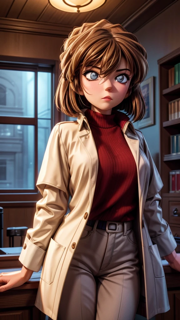 a detailed portrait of Huiyuan Ai, 1girl, beautiful detailed eyes, beautiful detailed lips, extremely detailed face, long eyelashes, beautiful young woman, serious expression, brown hair, lab coat, indoor setting, clean, elegant, cinematic lighting, award-winning digital art, highly detailed, photorealistic, 8K, best quality