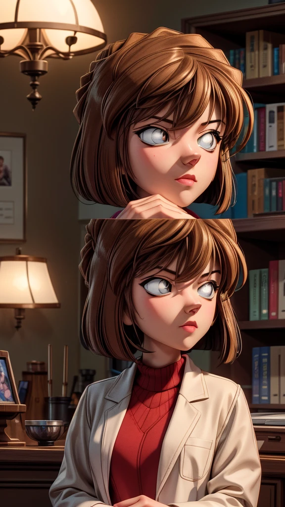 a detailed portrait of Huiyuan Ai, 1girl, beautiful detailed eyes, beautiful detailed lips, extremely detailed face, long eyelashes, beautiful young woman, serious expression, brown hair, lab coat, indoor setting, clean, elegant, cinematic lighting, award-winning digital art, highly detailed, photorealistic, 8K, best quality