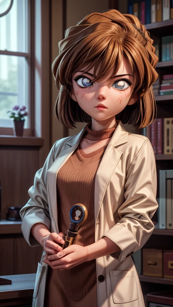 a detailed portrait of Huiyuan Ai, 1girl, beautiful detailed eyes, beautiful detailed lips, extremely detailed face, long eyelashes, beautiful young woman, serious expression, brown hair, lab coat, indoor setting, clean, elegant, cinematic lighting, award-winning digital art, highly detailed, photorealistic, 8K, best quality