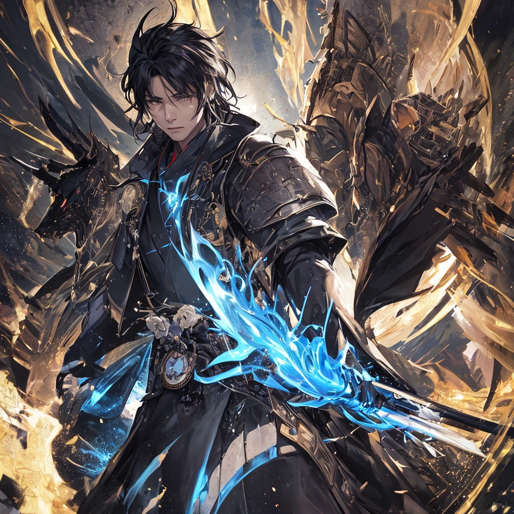 clearing, here is the description focused only on the character Gabriel:
Gabriel is standing, displaying a majestic and powerful presence. He wears an elegant black kimono, decorated with subtle details that combine samurai and ancient Chinese elements. His katana is a blade of vibrant blue energy, emitting a pulsating electric glow around you. Gabriel's wings are made of pure energy, similar to luminous feathers that radiate a soft, heavenly light. In your firm and determined stance, Gabriel personifies the combination of elegance and strength, standing out as a celestial being in his own right.