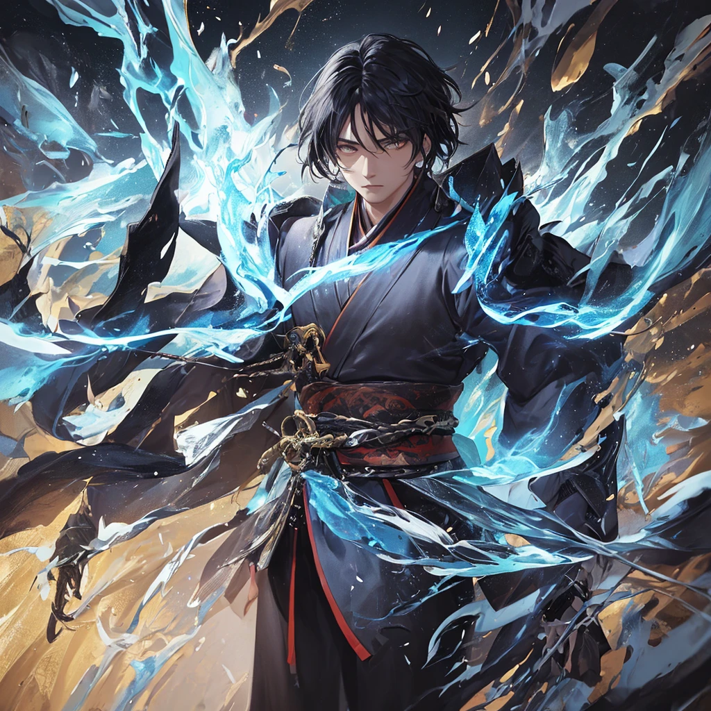 clearing, here is the description focused only on the character Gabriel:

Gabriel is standing, displaying a majestic and powerful presence. He wears an elegant black kimono, decorated with subtle details that combine samurai and ancient Chinese elements. His katana is a blade of vibrant blue energy, emitting a pulsating electric glow around you. Gabriel&#39;s wings are made of pure energy, similar to luminous feathers that radiate a soft, heavenly light. In your firm and determined stance, Gabriel personifies the combination of elegance and strength, standing out as a celestial being in his own right.