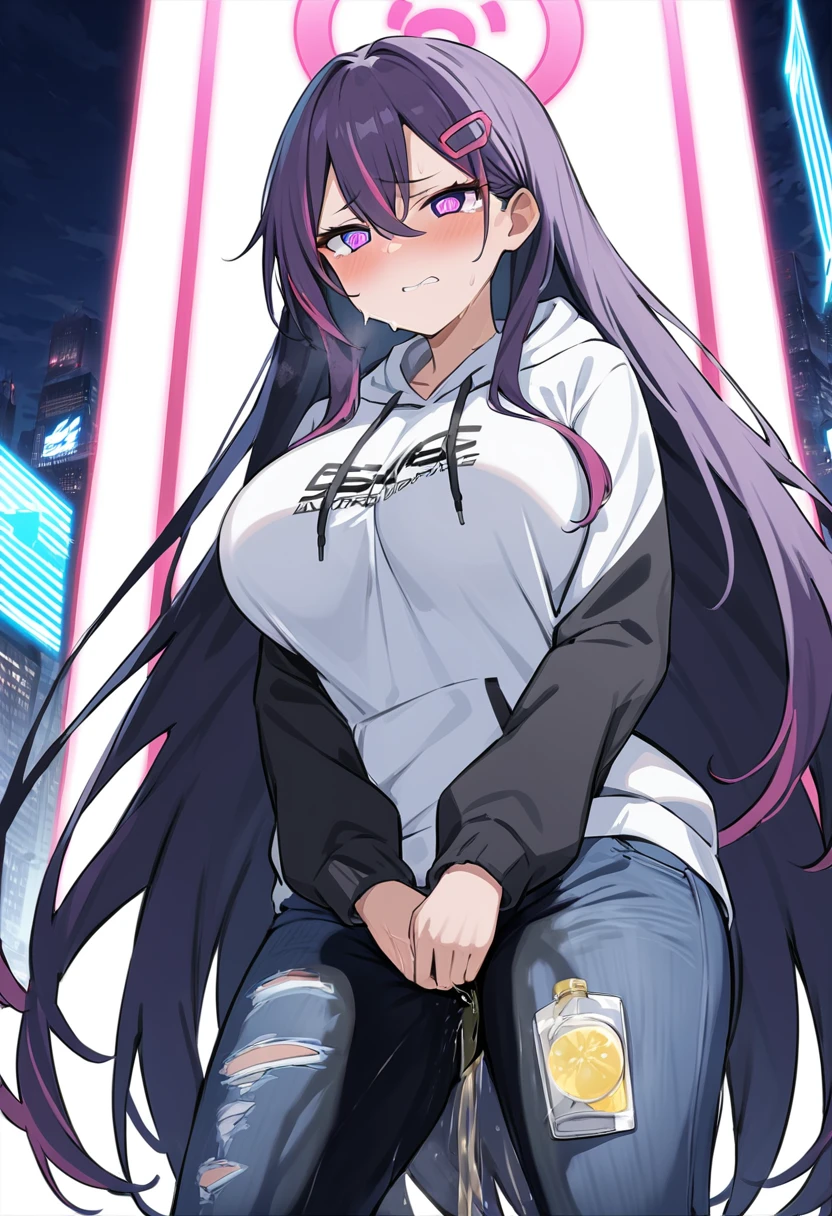 (masterpiece:1.37), best quality, (extremely detailed:1.37), woman, adult, mature, large breasts, (very long hair:1.5), dark purple hair, purple eyes, (extremely detailed eyes:1.37), white hoodie, multicolored hoodie, light blue hoodie, futuristic hoodie, jeans, (desperation:2.0), (wetting: self 3.0), standing, embarrassed, humiliation, blushing, angry, city, futuristic, neon lighting, high-tech