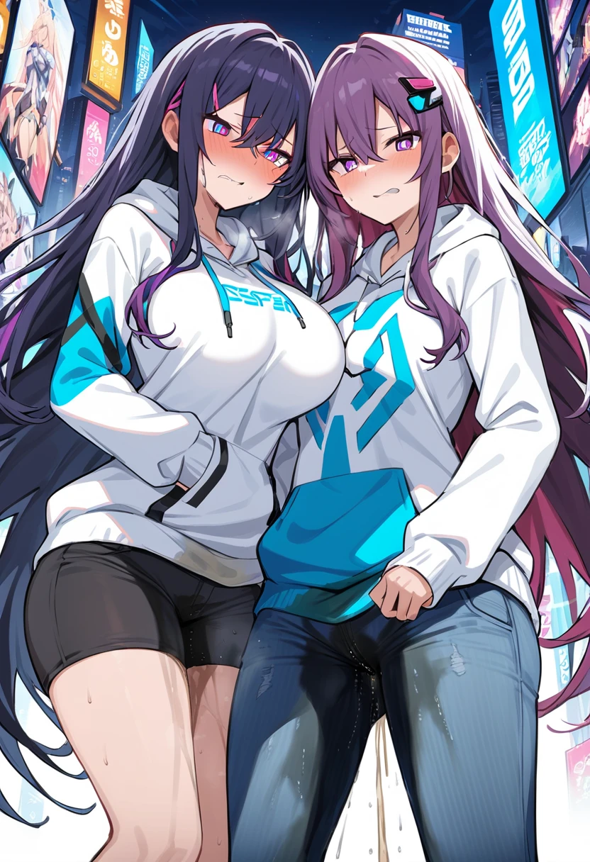 (masterpiece:1.37), best quality, (extremely detailed:1.37), woman, adult, mature, large breasts, (very long hair:1.5), dark purple hair, purple eyes, (extremely detailed eyes:1.37), white hoodie, multicolored hoodie, light blue hoodie, futuristic hoodie, jeans, (desperation:2.0), (wetting: self 3.0), standing, embarrassed, humiliation, blushing, angry, city, futuristic, neon lighting, high-tech