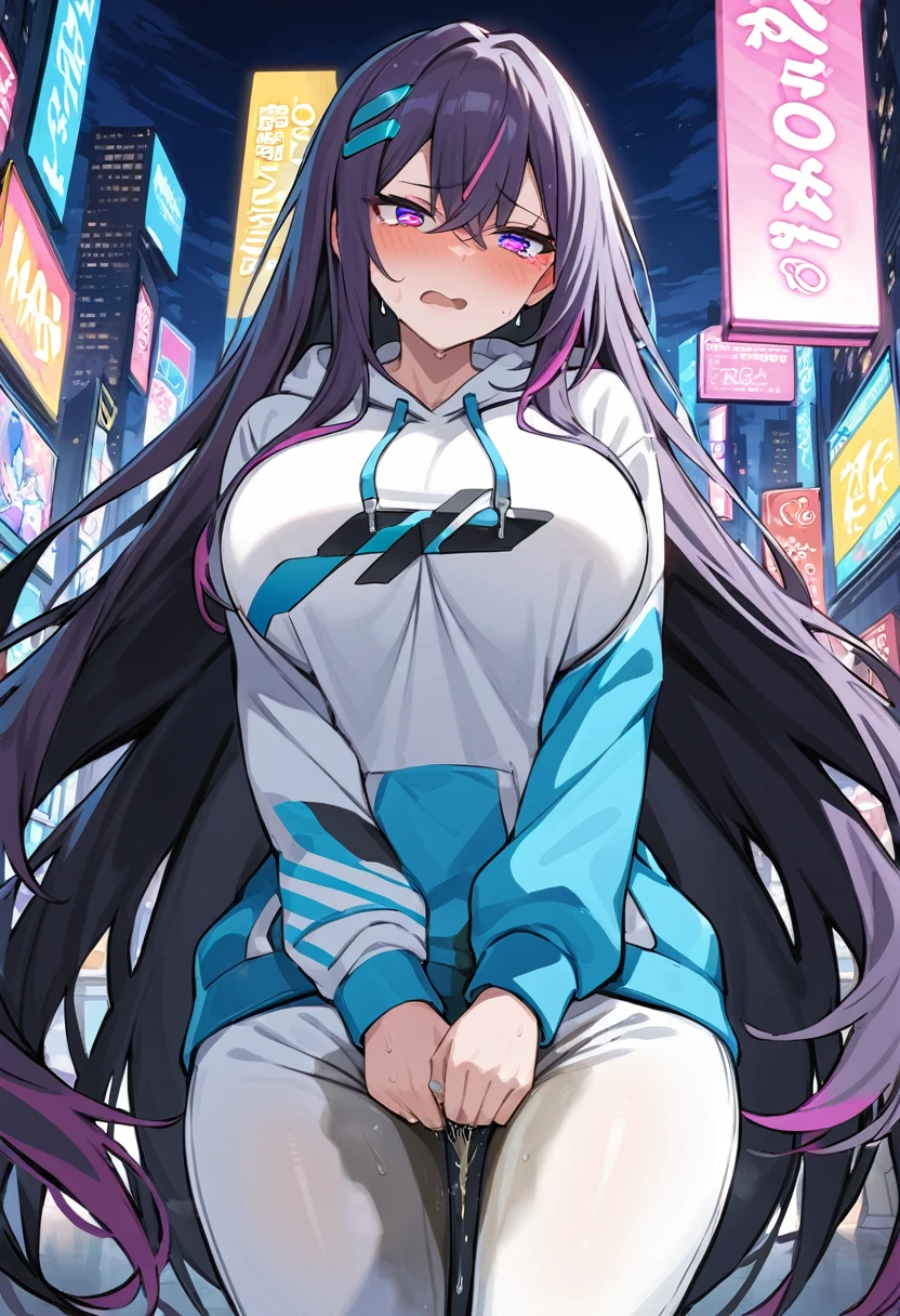 (masterpiece:1.37), best quality, (extremely detailed:1.37), woman, adult, mature, large breasts, (very long hair:1.5), dark purple hair, purple eyes, (extremely detailed eyes:1.37), white hoodie, multicolored hoodie, light blue hoodie, futuristic hoodie, jeans, (desperation:2.0), (wetting: self 3.0), standing, embarrassed, humiliation, blushing, angry, city, futuristic, neon lighting, high-tech