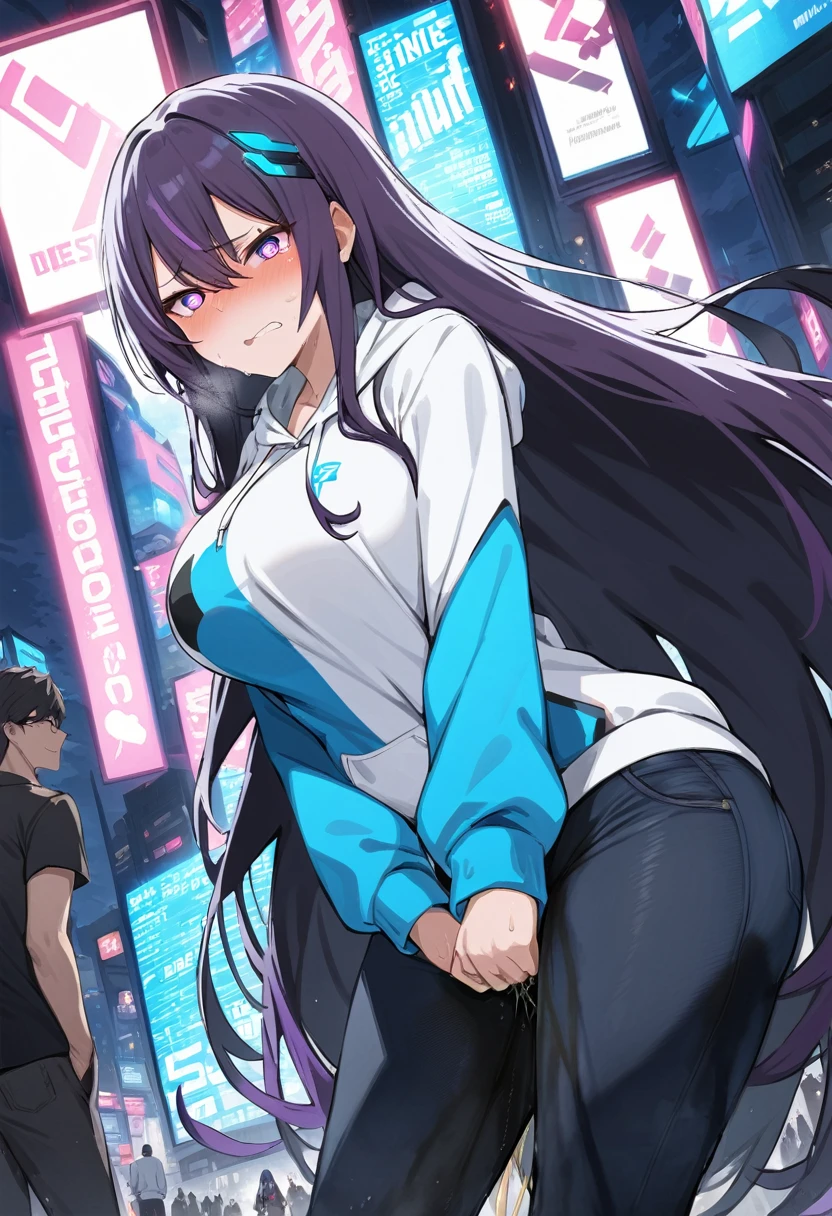 (masterpiece:1.37), best quality, (extremely detailed:1.37), woman, adult, mature, large breasts, (very long hair:1.5), dark purple hair, purple eyes, (extremely detailed eyes:1.37), white hoodie, multicolored hoodie, light blue hoodie, futuristic hoodie, jeans, (desperation:2.0), (wetting: self 3.0), standing, embarrassed, humiliation, blushing, angry, city, futuristic, neon lighting, high-tech