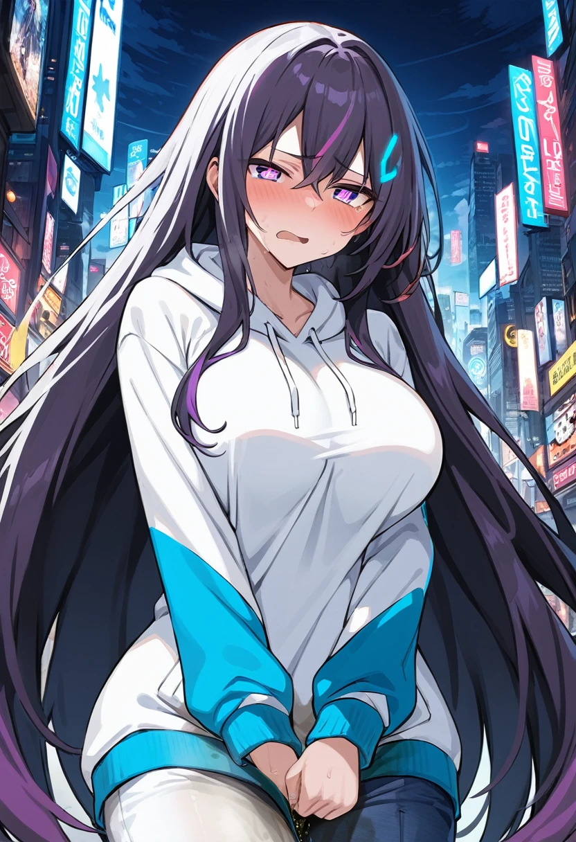 (masterpiece:1.37), best quality, (extremely detailed:1.37), woman, adult, mature, large breasts, (very long hair:1.5), dark purple hair, purple eyes, (extremely detailed eyes:1.37), white hoodie, multicolored hoodie, light blue hoodie, futuristic hoodie, jeans, (desperation:2.0), (wetting: self 3.0), standing, embarrassed, humiliation, blushing, angry, city, futuristic, neon lighting, high-tech