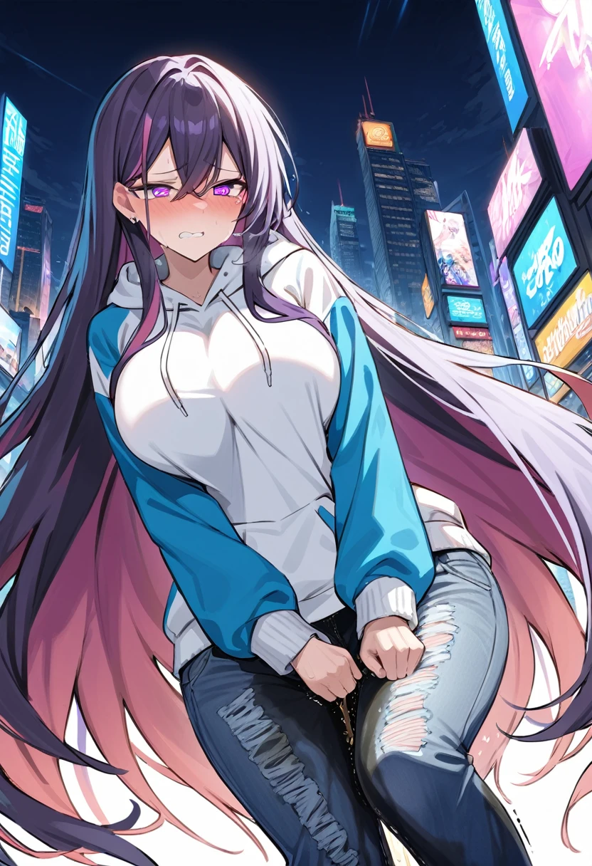 (masterpiece:1.37), best quality, (extremely detailed:1.37), woman, adult, mature, large breasts, (very long hair:1.5), dark purple hair, purple eyes, (extremely detailed eyes:1.37), white hoodie, multicolored hoodie, light blue hoodie, futuristic hoodie, jeans, (desperation:2.0), (wetting: self 3.0), standing, embarrassed, humiliation, blushing, angry, city, futuristic, neon lighting, high-tech