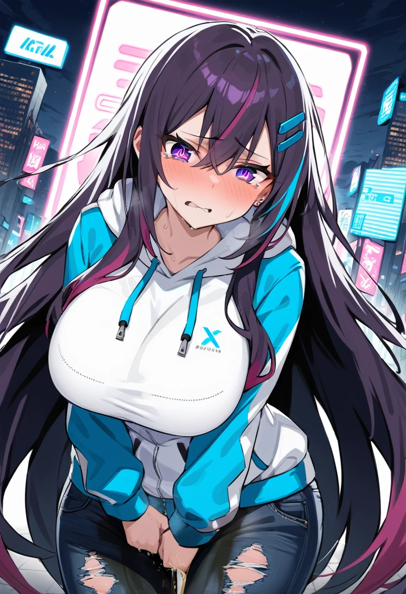 (masterpiece:1.37), best quality, (extremely detailed:1.37), woman, adult, mature, large breasts, (very long hair:1.5), dark purple hair, purple eyes, (extremely detailed eyes:1.37), white hoodie, multicolored hoodie, light blue hoodie, futuristic hoodie, jeans, (desperation:2.0), (wetting: self 3.0), standing, embarrassed, humiliation, blushing, angry, city, futuristic, neon lighting, high-tech