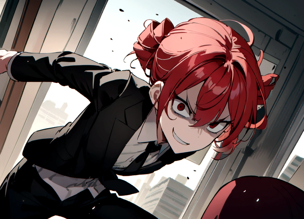 Red hair、Black suit、punch、Scary smile、office、Daytime、punching,Front facing,