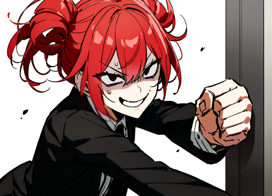 Red hair、Black suit、punch、Scary smile、office、Daytime、punching,Front facing,