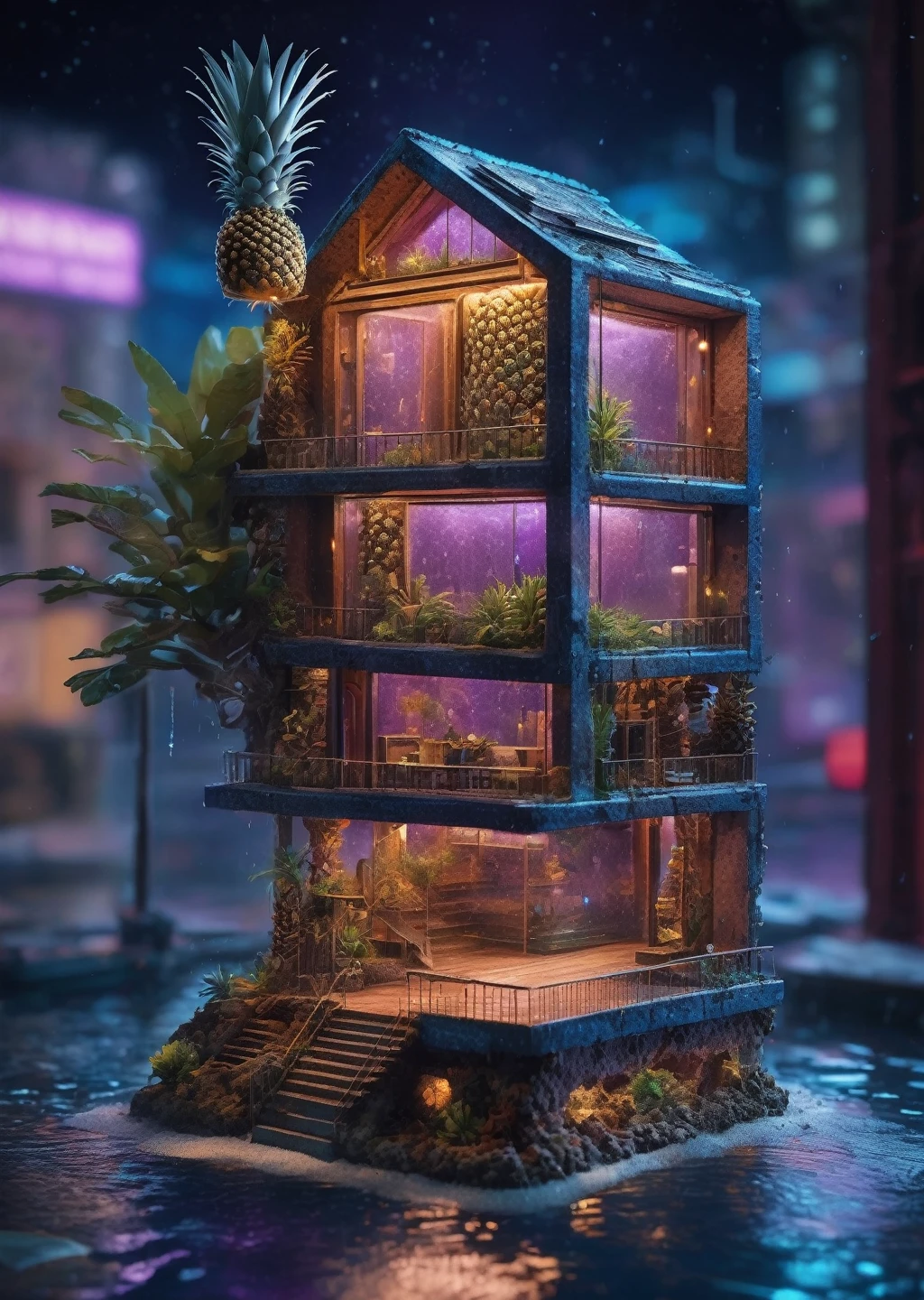 a miniature of a model of a pineapple house, under water, the promise of life unfolds in a microscopic realm, as roots stretch and shoots reach for the sky.
water caustics, deep blue water.
incredibly detailed, a microscopic photo, photorealism.
(night sky), (stars), sci-fi, cyberpunk, cyberpunk city, fog, depth of field, neon lights, red neon lights, purple neon lights, blue neon lights, rain, masterpiece, detailed face, detailed background, extremely detailed cityscape background.
award winning photo,nikon RAW photo,8k, Fujifilm XT3,masterpiece, best quality, realistic, photorealistic, ultra detailed, raw photo.