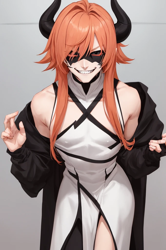 bad anime boy, orange pink and black misked hair,evil smile, black eyes,some black lines on face and shoulders,wearing a white dress, planing something evil.