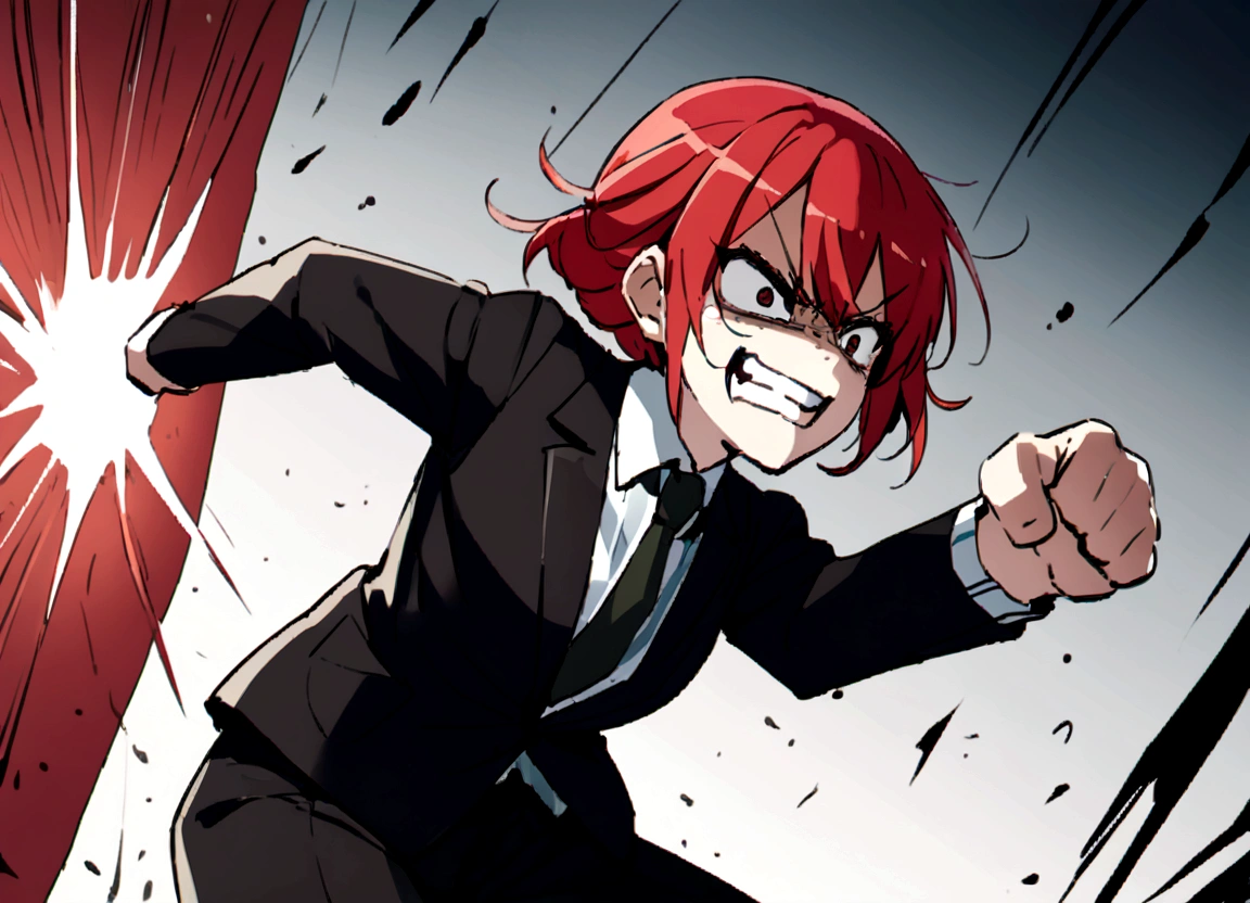 Red hair、Black suit、punch、Scary smile、office、Daytime、punching,Front facing,Momentum、Front facing