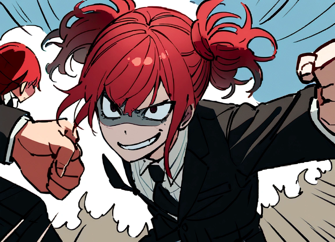 Red hair、Black suit、punch、Scary smile、office、Daytime、punching,Front facing,Momentum、Front facing