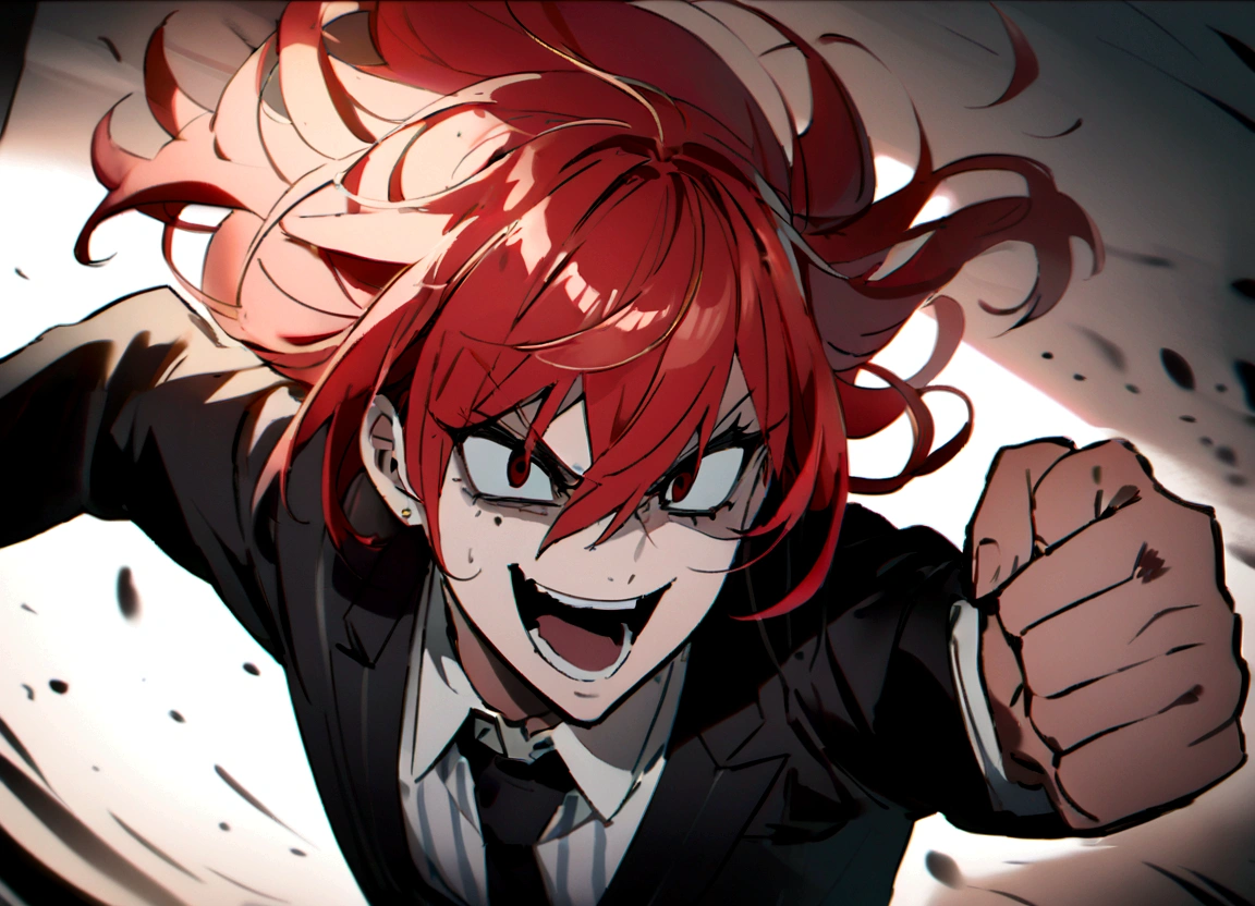 Red hair、Black suit、punch、Scary smile、office、Daytime、punching,Front facing,Momentum、Front facing