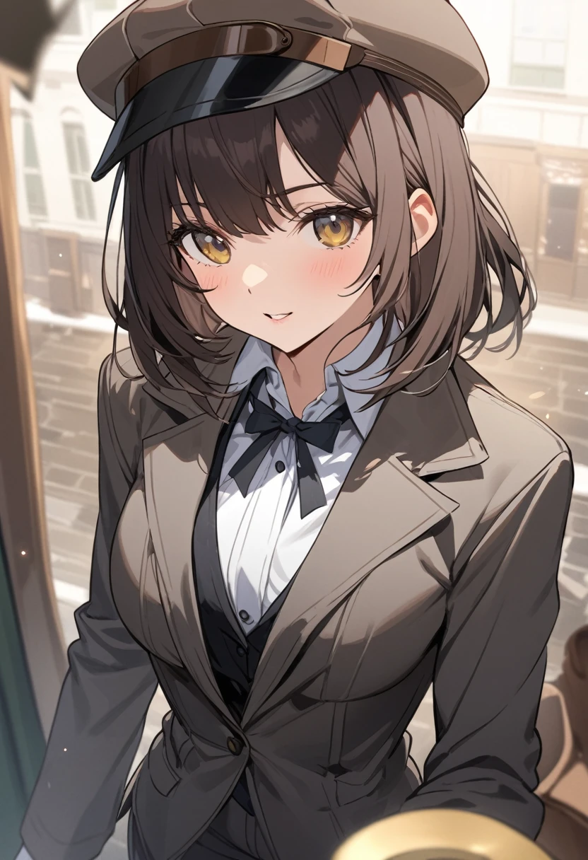 A short female detective in a suit