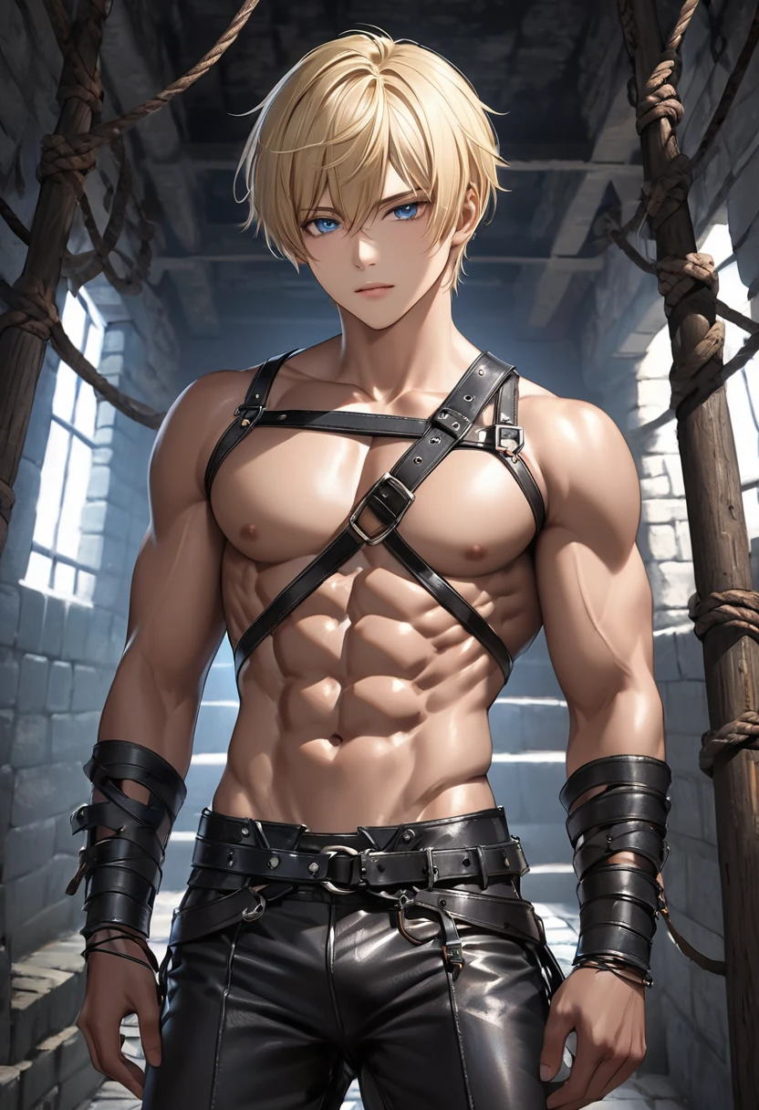 high quality, detailed, Realistic, (19 years old japanese idol slave boy), (detailed blue eyes), (blond short hair), (abs:1.5), (dark shiny skin), (leather bondage), dungeon, harness, (leather tiny thongs:1.4), (bulge:1.2), (detailed nipples), detailed areola,