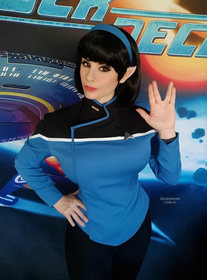 hyperrealistic beautiful busty 18-year-old women with long legs wearing fututistic 2500s startrek latex cosplay outfit with miniskirt, model shooting full body photography, natural blonde classic bun, dark eye makeup with eyeliner, seductive smile, small necklace, 8K, Best quality, Meisterwerk, ultra high resolution, (Realismus: 1.4), Originalfoto, (realistische Hautstruktur: 1.3), (Filmkorn: 1.3), (Selfie-Winkel), 1 girl, Beautiful round hazel eyes and facial details, Meisterwerk, Best quality, at a starship movie set