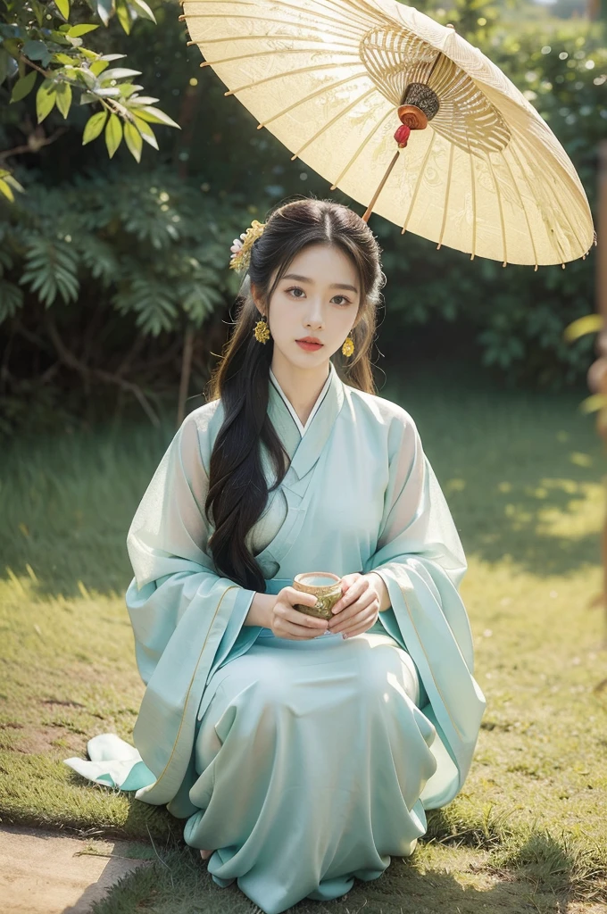 (((best quality))),(((ultra detailed))),(((masterpiece))),illustration,1girl,beautiful,young,girl,Xiaoshu season,tranquility,allure,delicate features,long flowing hair,warm sunlight,traditional Chinese outfit,Hanfu dress,vibrant colors,intricate patterns,elegant cut,youth,innocence,flowing dress,gentle breeze,lush rural landscape,blue sky,fluffy white clouds,lush green grass,rice paddies,abundant harvest,delicate details,traditional Chinese parasol,jar of cold drinks,bamboo basket,butterflies,blooming flowers,serene presence,idyllic rural landscape,tranquility,harmony,special time of the year