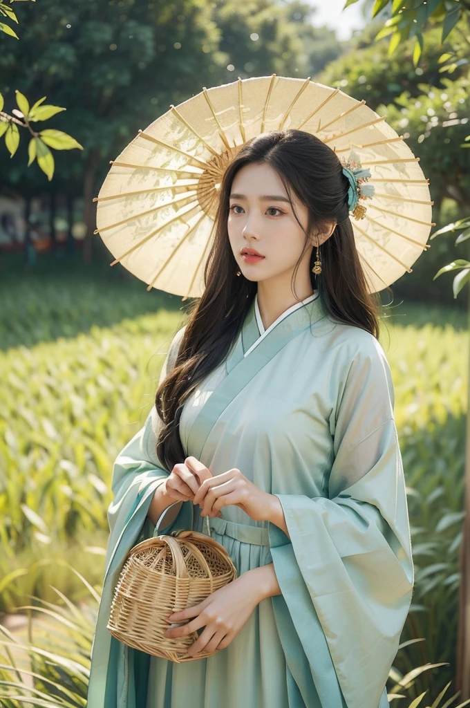 (((best quality))),(((ultra detailed))),(((masterpiece))),illustration,1girl,beautiful,young,girl,Xiaoshu season,tranquility,allure,delicate features,long flowing hair,warm sunlight,traditional Chinese outfit,Hanfu dress,vibrant colors,intricate patterns,elegant cut,youth,innocence,flowing dress,gentle breeze,lush rural landscape,blue sky,fluffy white clouds,lush green grass,rice paddies,abundant harvest,delicate details,traditional Chinese parasol,jar of cold drinks,bamboo basket,butterflies,blooming flowers,serene presence,idyllic rural landscape,tranquility,harmony,special time of the year