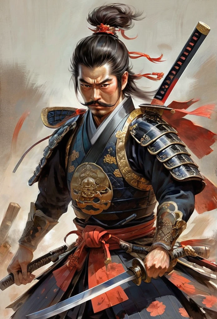 A powerful and brave samurai in traditional Sengoku-period armor, resembling the style of Nobunaga's Ambition art. He has a stern expression and stands confidently, holding a katana with one hand. His armor is intricately detailed, reflecting his status as a high-ranking retainer of Uesugi Kenshin. The background is a battlefield with a sense of historical atmosphere.