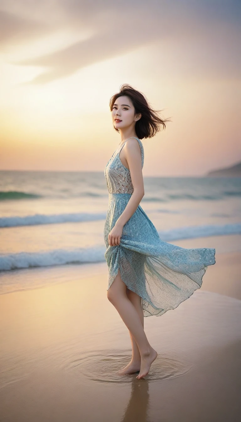 sunset on the beach,There is an afterglow on the sea, Beautiful 36 year old short Korean woman, Chest size 34 inches, Wear sleeveless, light skirt, sunset beach . beautiful pretty woman look , wearing a light skirt , Go far into the sea water and dip your toes., Short medium hair blowing in the wind, 1 woman, beautiful eyes, a little smile, Full body photo from a distance with a wide angle lens