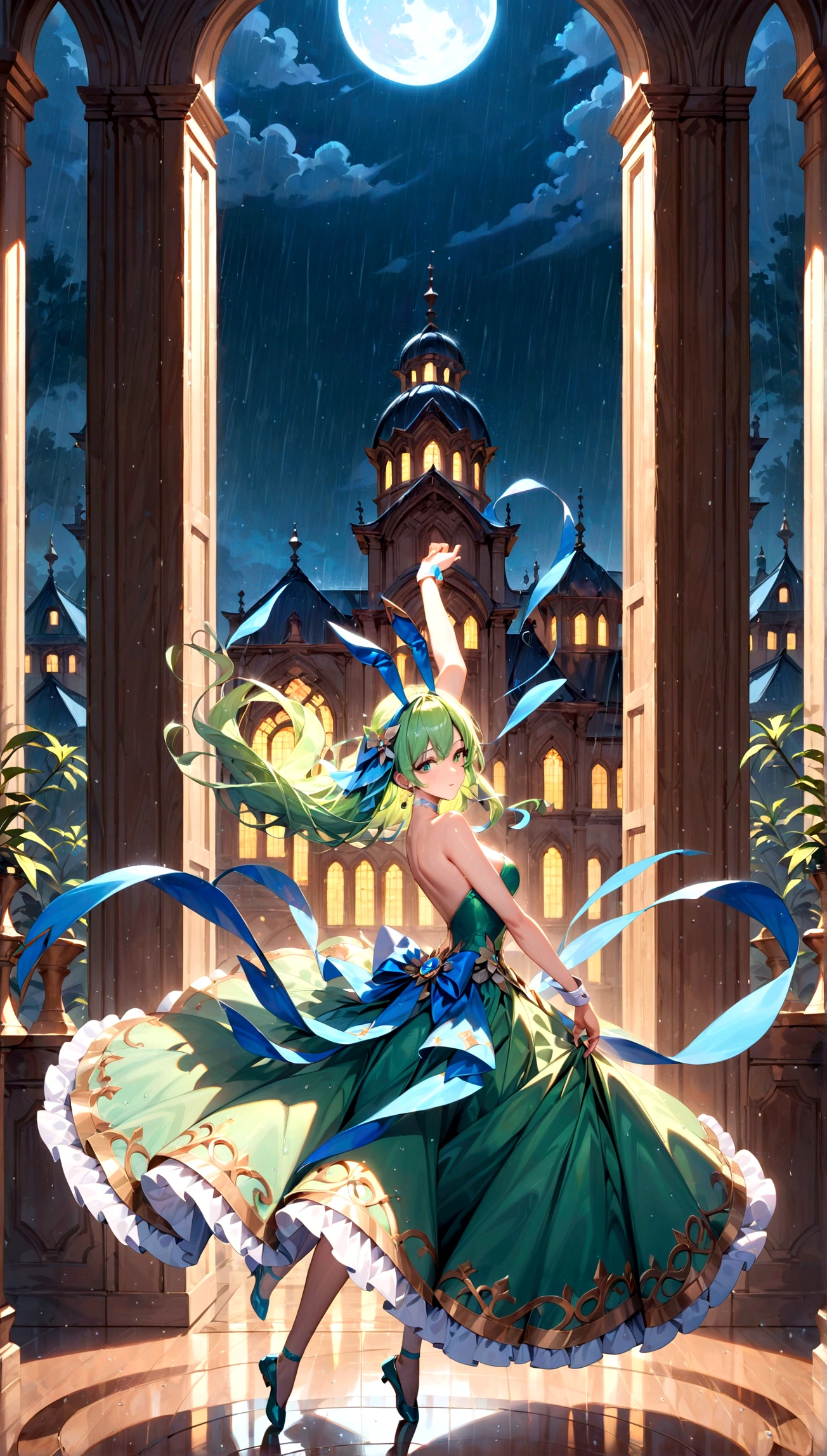 score_9, score_8_up, score_7_up, score_6_up, masterpiece, top quality, best quality, official art, beautiful and aesthetic, anime_source, centered, cinematic shot, view from above, 1girl, bunny ears, blue flowing hair, ballerina, green dress, hair accessories, dancing in the rain, night, full moon, volumetric lighting, cold color, epic composition, epic proportion, 8KExpressiveh, Ultra HD, 4k image