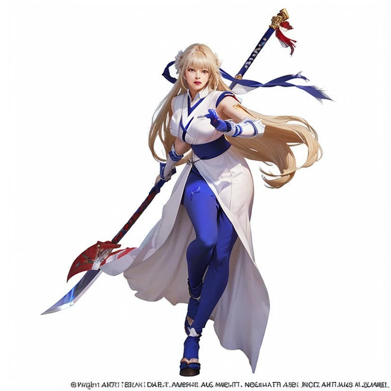 a woman in a white dress holding a red and blue spear, fighting game character, character from king of fighters, natalie from epic battle fantasy, official character art, katana zero video game character, range murata and artgerm, zhongli from genshin impact, keqing from genshin impact, jrpg character, ayaka genshin impact