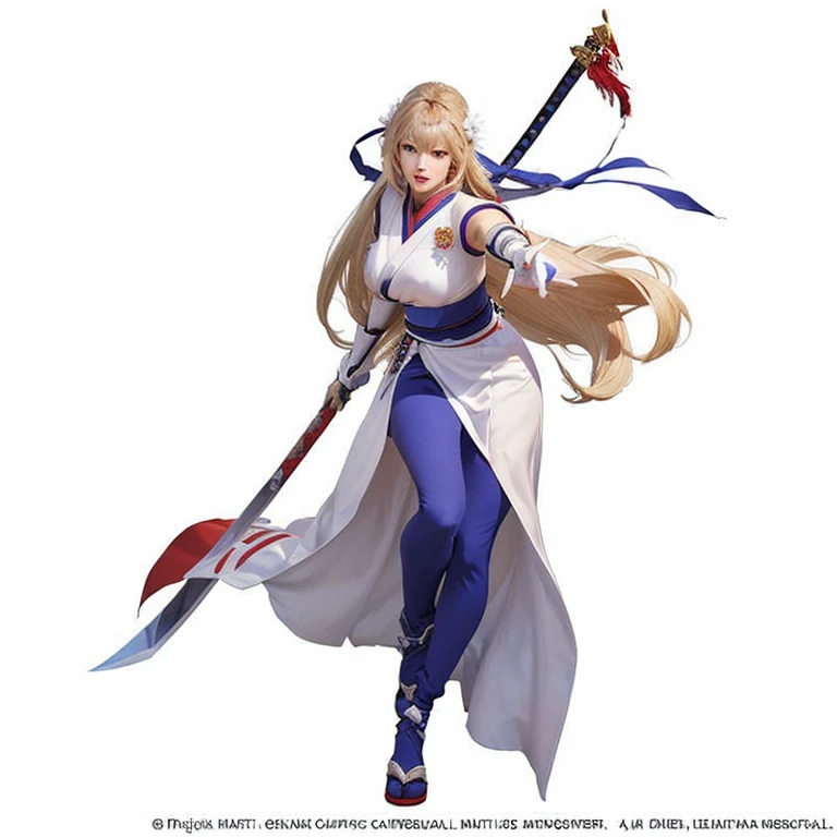 a woman in a white dress holding a red and blue spear, fighting game character, character from king of fighters, natalie from epic battle fantasy, official character art, katana zero video game character, range murata and artgerm, zhongli from genshin impact, keqing from genshin impact, jrpg character, ayaka genshin impact