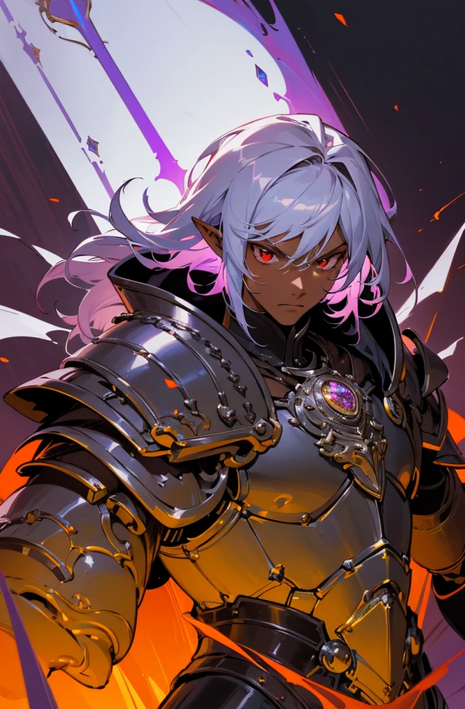 masterpiece, best quality, ultra high res, dark theme, 1boy, (dungeonpunk armor), (mechanical steampunk armor), (wearing armor), fantasy illustration, dark skinned, human, upper body, portrait, red eyes, long white hair, half-drow, pointy ears, serious face, young man, dramatic lighting, purple hue, art by Kinema Citrus