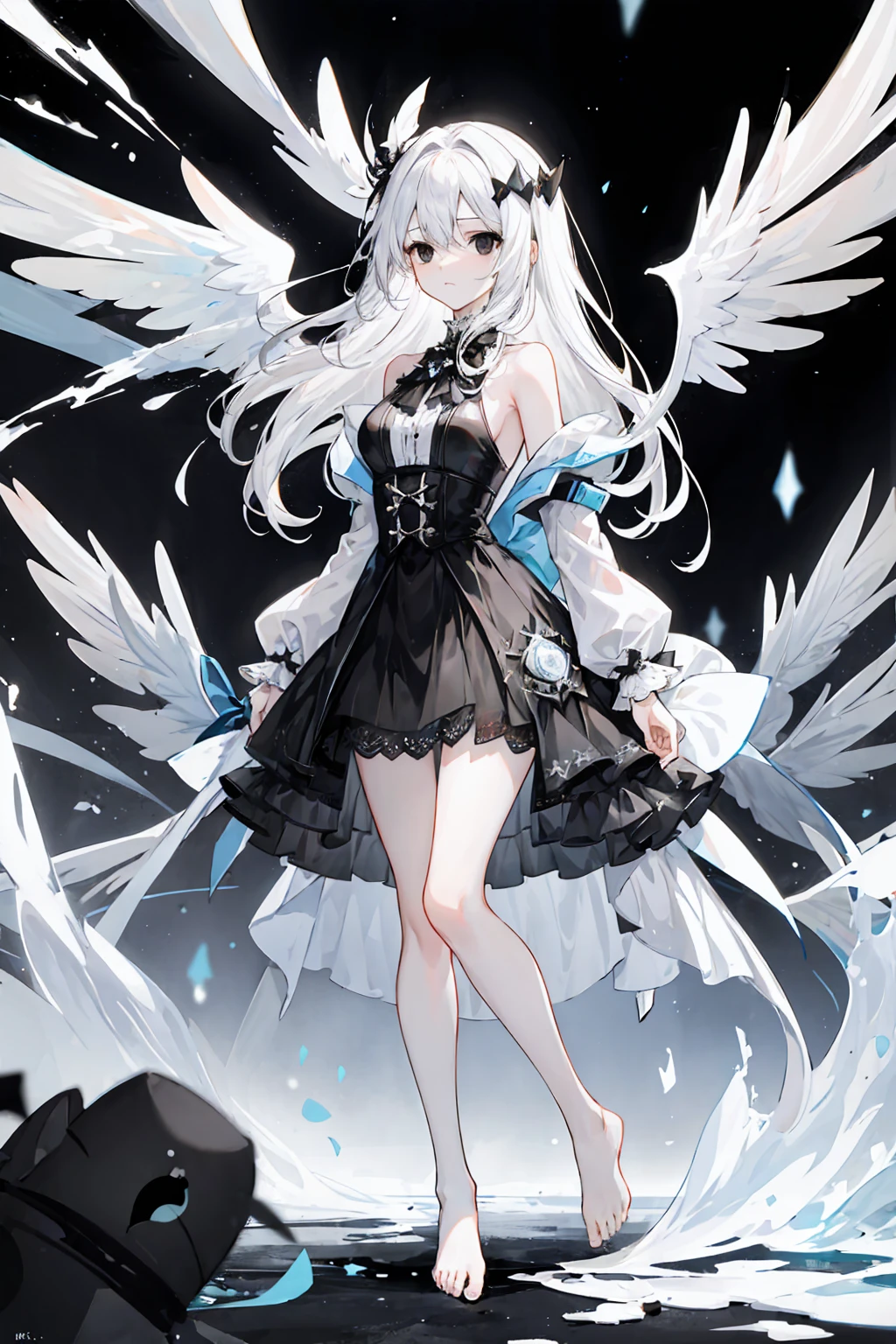 Light Gradient Hair,Asymmetrical hair,((Thick hair 1.8,Clear head outline 1.6)), Shoulder-length hair, Messy hair, Very long hair, Shiny hair,(Long white hair:1.2),A beautiful girl,(Luxury Platinum Mini ta,Made of transparent material),(Transparent clothes transparent 1.8),Perfect body,High,Slender,(Looks sad,Looks haggard、Looks haggard、Pale nipples ,Grief,shut your mouth:1.2) Against the background of an unusually bright dark starry sky,stand up(Put your hands behind you),(round, Large target, Firm breasts),barefoot,float,water surface,(Long Law,Long Law,Long Law,Complete),Full body image,(Black eyes:1.5)