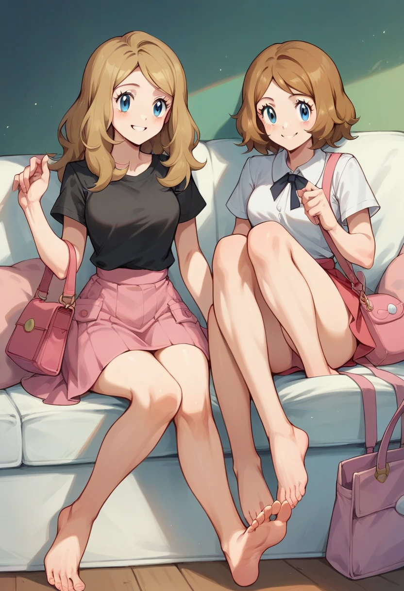 Women (Serena from Pokémon) with golden hair, a black shirt, blue eyes, sitting on a reception sofa, pink skirt, with pink purse, bare legs showing her bare feet, while smiling charmingly