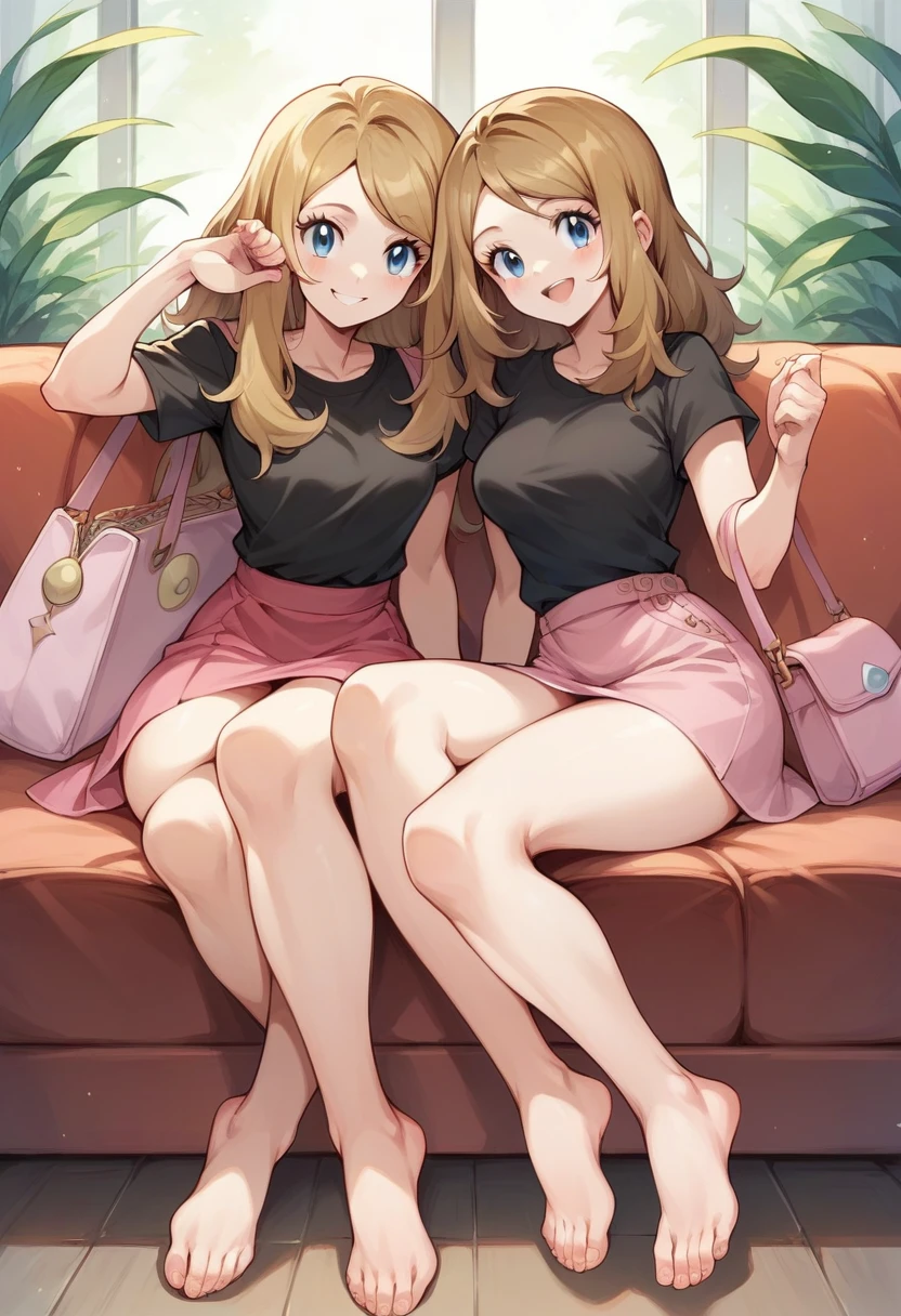 Women (Serena from Pokémon) with golden hair, a black shirt, blue eyes, sitting on a reception sofa, pink skirt, with pink purse, bare legs showing her bare feet, while smiling charmingly