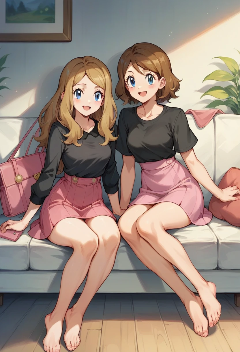 Women (Serena from Pokémon) with golden hair, a black shirt, blue eyes, sitting on a reception sofa, pink skirt, with pink purse, bare legs showing her bare feet, while smiling charmingly