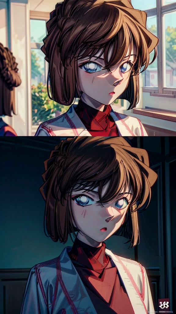 a detailed portrait of Haibara Ai, 1girl, beautiful detailed eyes, beautiful detailed lips, extremely detailed face, long eyelashes, beautiful young woman, serious expression, brown hair, lab coat, indoor setting, clean, elegant, cinematic lighting, award-winning digital art, highly detailed, photorealistic, 8k, best quality