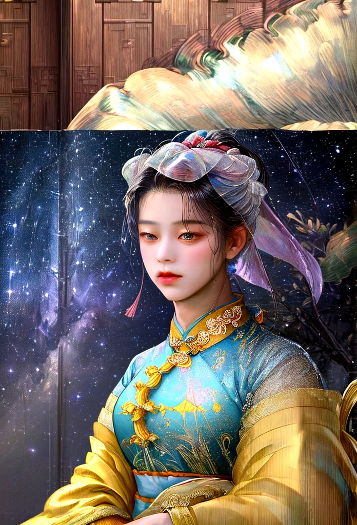 (masterpiece, Highest quality: 1.4)， Detailed Background，A beautiful ancient Chinese fairy looks at the camera，streamer，Gauze cloth，Floating in the air，Elevation angle of view，The Milky Way is amazing，The full moon is empty，