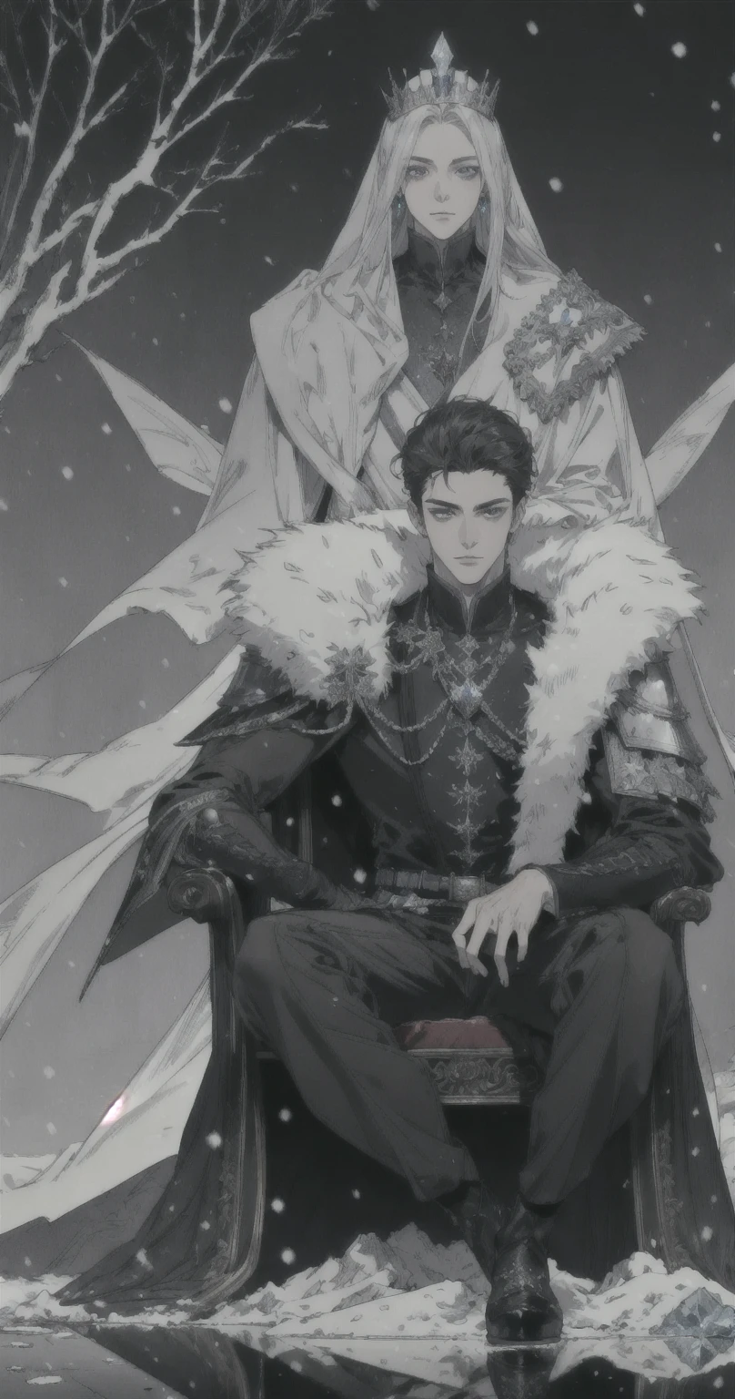 ((Masterpiece)),((best quality)),((Highly detailed)),((realistic,)) Very detailed), (Masterpiece), (best quality), (วอลล์เปเปอร์ 8k ที่มีรายVery detailed),Masterpiece,best quality,มีรายVery detailed,complicated,1 man,handsome faceสมบูรณ์แบบ,muscular man,detailed face,mischievous face,blue eyes,Open your eyes.,reflection of the eyes,Open your eyes., look at viewer,Manly,short hair|Black hair, black prince outfit,(Shining Crystal Throne),dynamic poses,Dramatic angle,movie light,surrounded by snow, Masterpiece,Very detailed,Sitting on a white ice throne, (white throne), white chair , Fantasy, Realistic photos, hyperrealism, Highly detailed, movie light, man wearing black armor,long black fur shawl,black veil,black veil,Face details, sharp details,black slender eyebrows,handsome face, short hairสีดำ, blue eyes,have muscles, handsome faceเหลา, Sit on the throne., white ice power, snow power, The surrounding white snow scene
