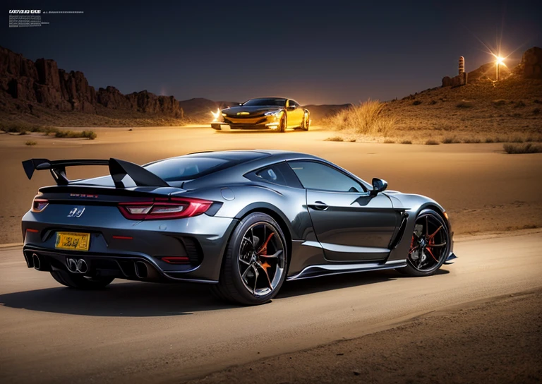 Highly detailed paper craft of a sport car in the desert at night, print advertising, agressive, vibrant, intricate, high resolution, hdr