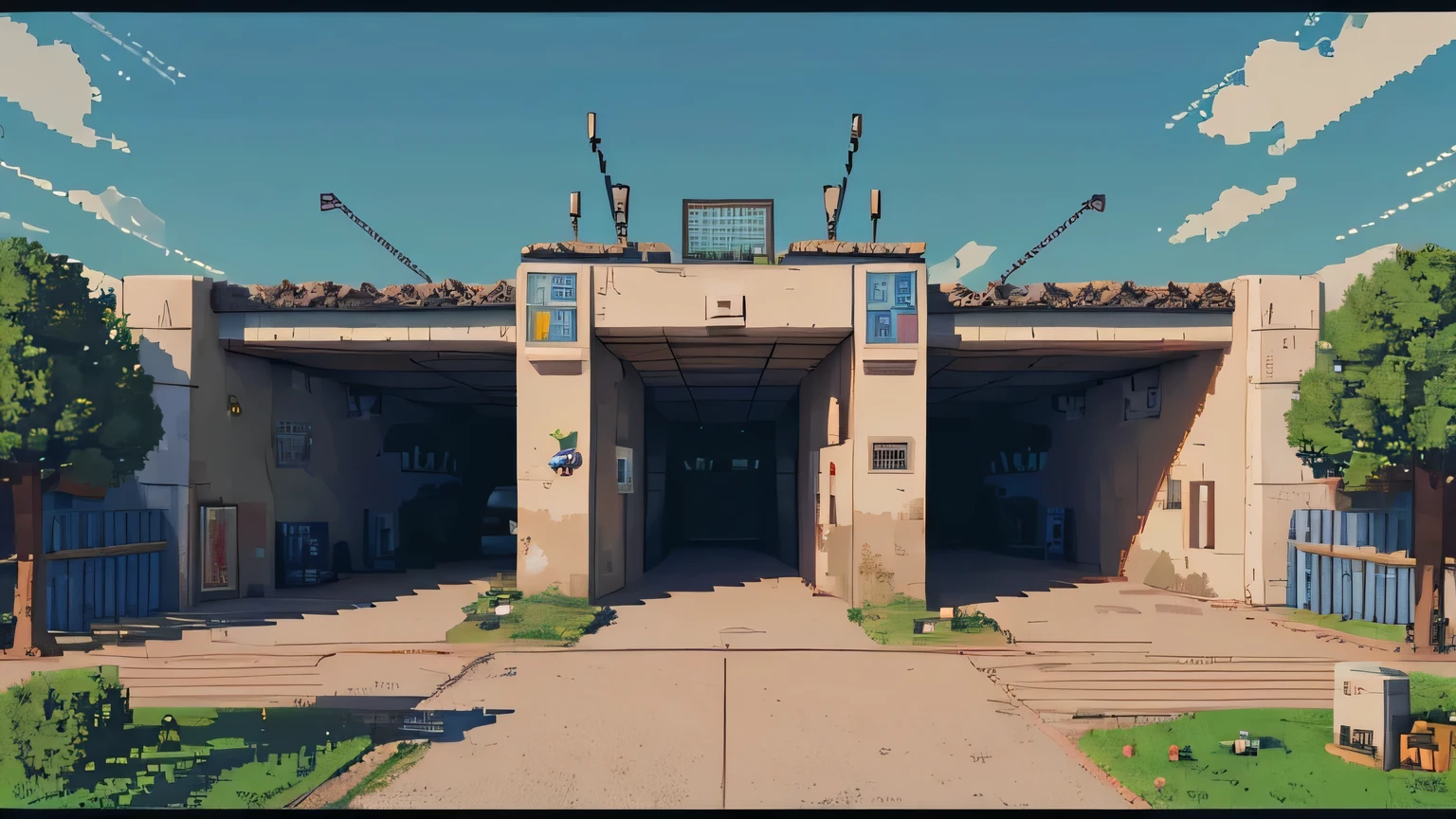 um bunker nuclear, front view, arcade-shaped gate, antennas on the walls, textura 16 bits, with 8-bit trees , pixel art, 8K,masterpiece