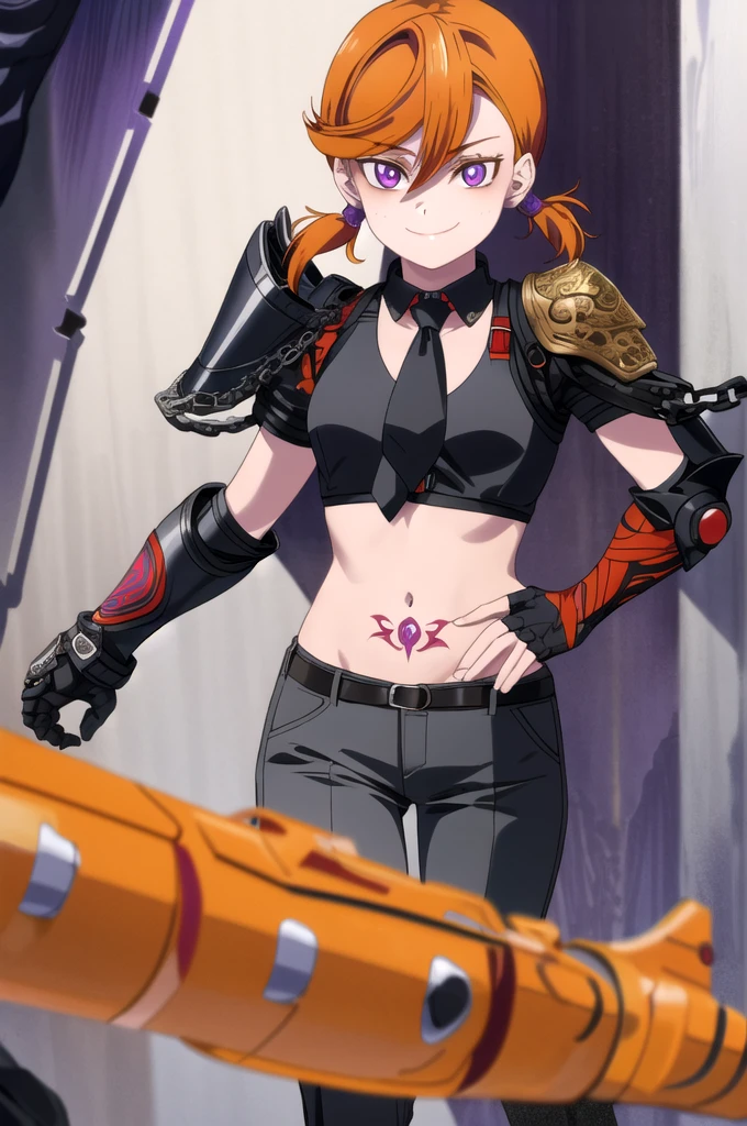 young girl, Short black and orange hair, high ponytail, purple eyes, smile, open belly, black trousers, red jacket, tie, belts, chains, Tattoos, iron gauntlets, face tattoos, Masterpiece, hiquality, 4k, HD, Good detail