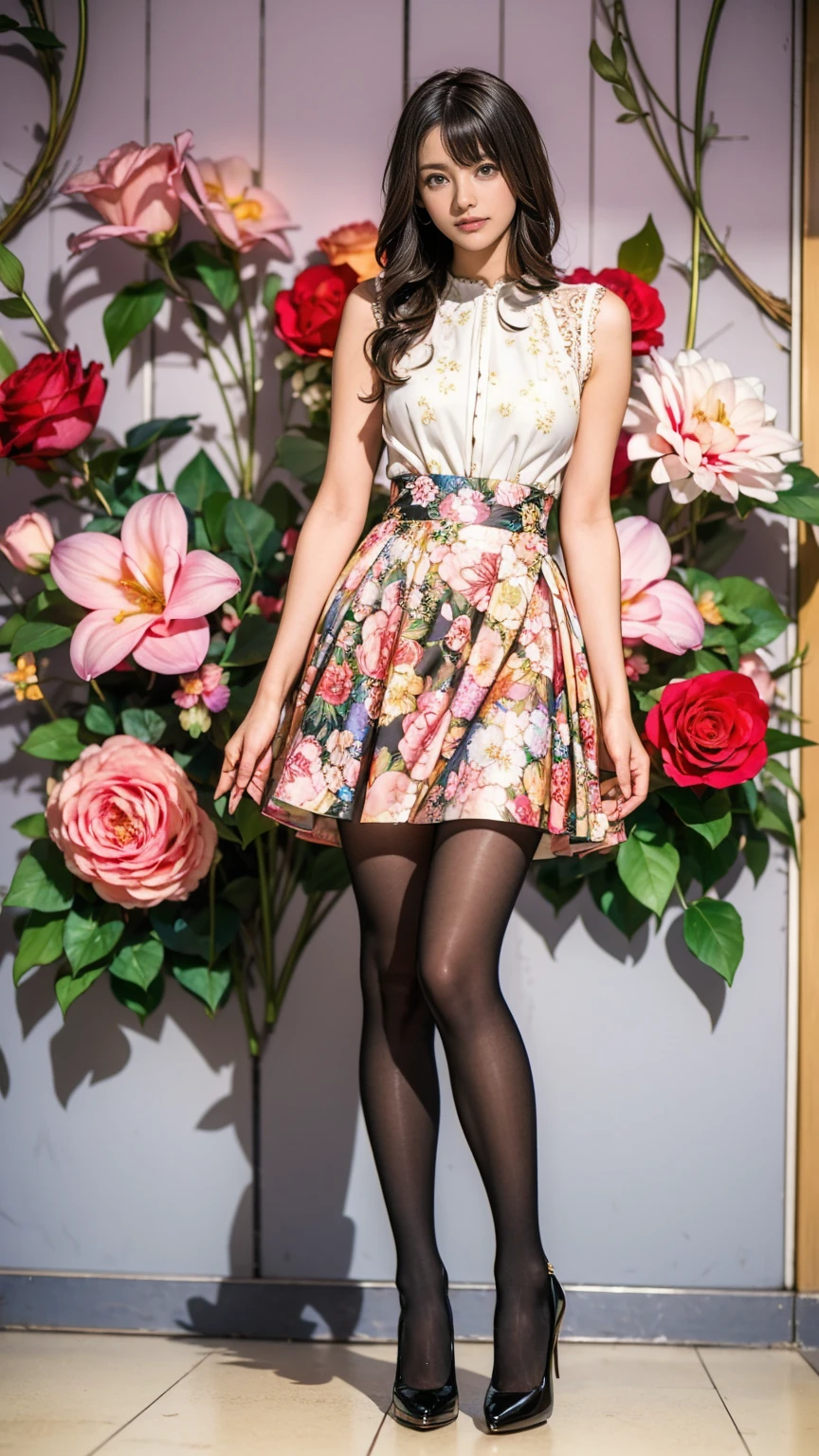 ((masterpiece)),(((Highest quality))),Thin thighs,Long legs,whole body:1.5,(One Girl:1.3),(Black pantyhose and thick pointy heels:1.3),(Wearing a floral mini flare skirt dress:1.2),Short Blonde:1.2、Model pose,high waist:1.5、