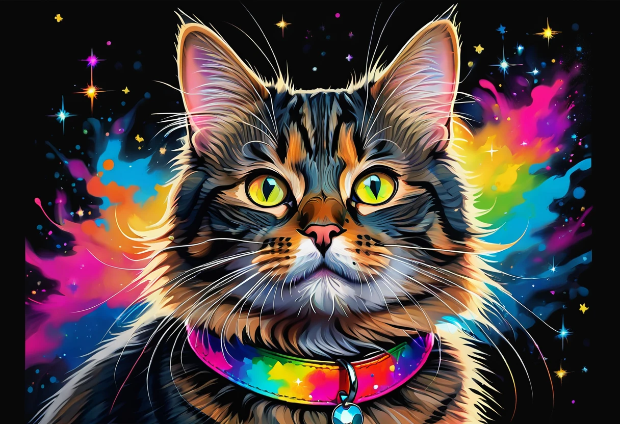 brightly colored Cat painting on black background with colorful collar, Colourful and detailed, beautiful neon Cats, awesome Cat, 宇宙服を着たCat, Open your mouth、Eyes shine、A hopeful look, a painting of a Cat, Cat design, Starry background, Digital Painting Very detailed, Cat. Digital Painting, Very detailed Digital Painting, painting of a Cat, Digital Art highly-detailed, Colors with attention to detail, Digital Art. Very detailed