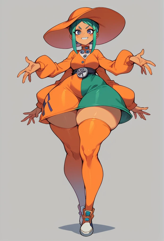 cerebella, huge tits,full dress with short, large wide neckline, Wide hips , big thighs, long orange tights,(limit orange stockings on the thighs), orange hat, 4 arms ,uncovered books 