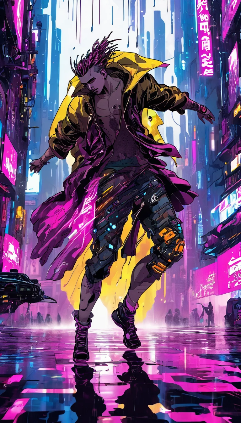 (Masterpiece, Best Quality, high resolution, 32k drive wallpaper, Extremely detailed CG:1), (weak illustration on stage:1.0), ((ung handsome cyberpunk:1.5 dancing in the rain:1.7 )),(( cyberpunk night city:1.4)), neon signs futuristic cars,dark place rain, ((wet clothes magenta neon lights perfectly illuminating the young man:1.45) . 32k