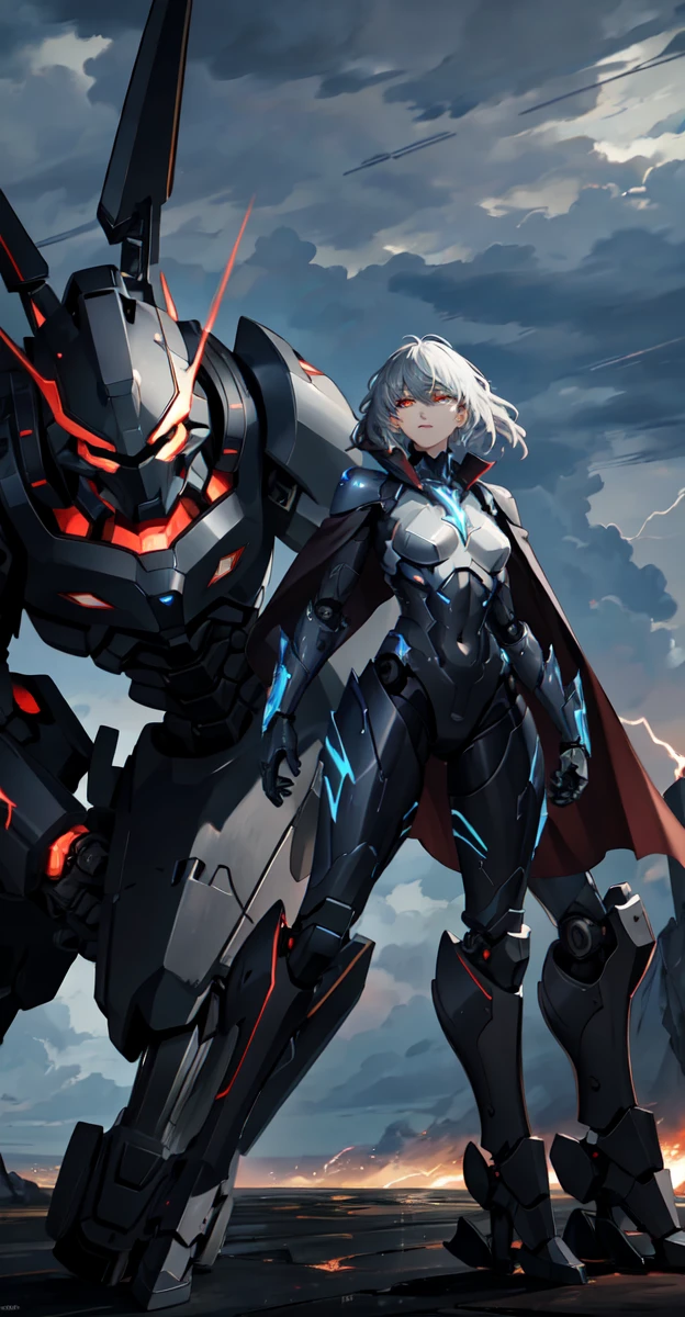 A colossal robot standing in the midst of a violent thunderstorm. The robot has a powerful and intimidating presence with a sleek, armored body in shades of dark blue and red. Its eyes are glowing brightly, and a radiant energy core is visible on its chest. Lightning bolts are striking around and onto the robot, illuminating the scene with intense, dramatic light. The robot’s cape is tattered and flutters in the fierce wind. The background is filled with dark, stormy clouds, with occasional bursts of lightning cutting through the sky. The overall atmosphere is intense and electrifying, conveying a sense of epic power and dominance.