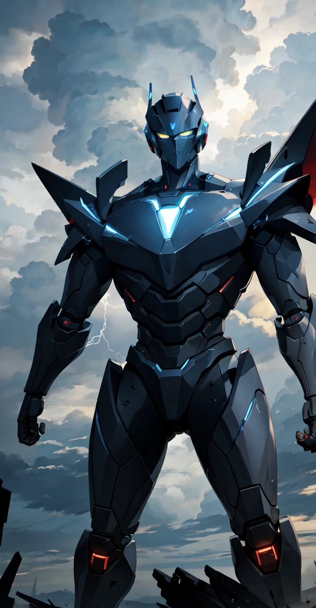 A colossal robot standing in the midst of a violent thunderstorm. The robot has a powerful and intimidating presence with a sleek, armored body in shades of dark blue and red. Its eyes are glowing brightly, and a radiant energy core is visible on its chest. Lightning bolts are striking around and onto the robot, illuminating the scene with intense, dramatic light. The robot’s cape is tattered and flutters in the fierce wind. The background is filled with dark, stormy clouds, with occasional bursts of lightning cutting through the sky. The overall atmosphere is intense and electrifying, conveying a sense of epic power and dominance.