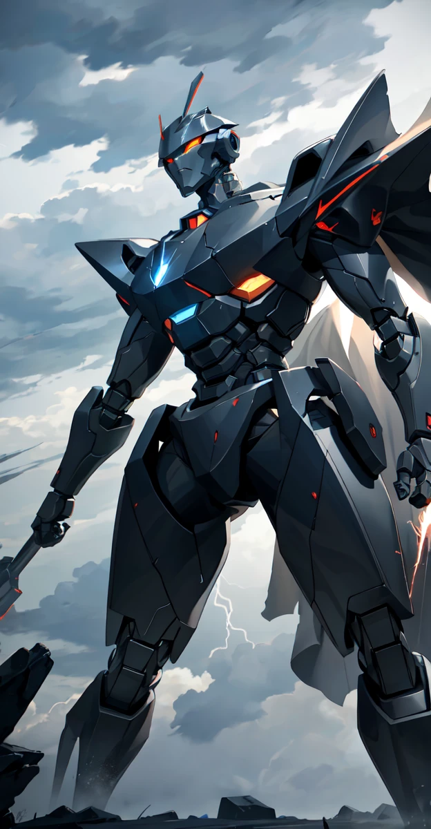A colossal robot standing in the midst of a violent thunderstorm. The robot has a powerful and intimidating presence with a sleek, armored body in shades of dark blue and red. Its eyes are glowing brightly, and a radiant energy core is visible on its chest. Lightning bolts are striking around and onto the robot, illuminating the scene with intense, dramatic light. The robot’s cape is tattered and flutters in the fierce wind. The background is filled with dark, stormy clouds, with occasional bursts of lightning cutting through the sky. The overall atmosphere is intense and electrifying, conveying a sense of epic power and dominance.