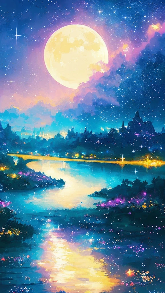 ((huge pale yellow moon))((A girl who looks up at her profile and is subjectively depicted))、((crying girl))、Profile girls、On a multicolored background、Painting of a river with stars and moon in a rainbow sky、Shining skyscrapers、shine all over、Concept art inspired by Mitsuoki Tosa、pixiv contest winner、highest quality、fantasy art、beautiful anime scene、bright moon、moonlit star environment、dream picture、anime backgroundアート、fantasy landscape art、fantasy knight、anime background、background artwork、great art、Atmospheric anime、starry sky、Detail has been enhanced。